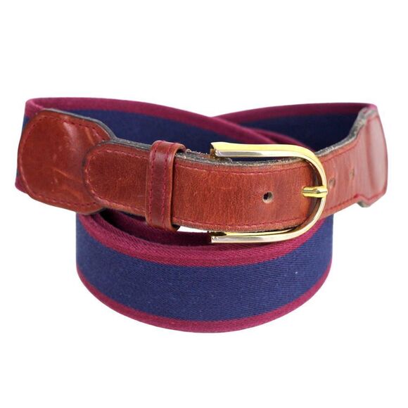 BROWN REAL LEATHER BLUE RED CANVAS 1 1/4"Wd CASUAL DRESS MEN'S BELT Size 42 (P14 - Picture 1 of 12